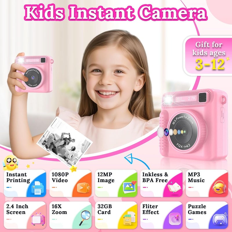 JPVERLY Kids Instant Print Camera - Christmas & Birthday Gift for Boys and Girls Ages 3-12, HD Digital Video Camera Toy with 3 Rolls Printing Paper & 32GB Card (Pink) - Image 2